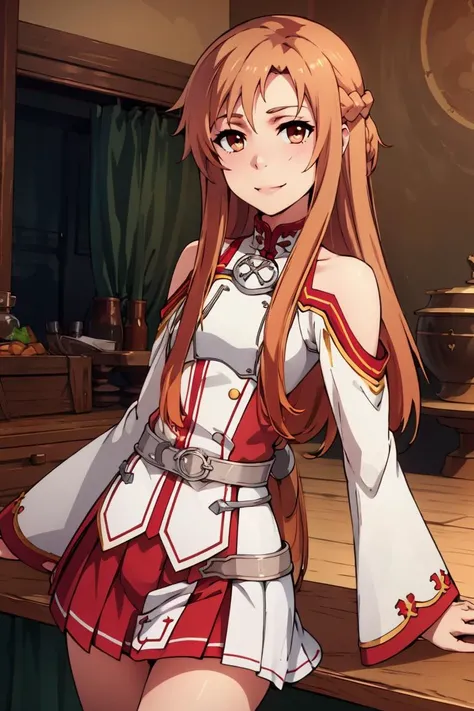 ((masterpiece,best quality)), yuuki asuna, brown hair, brown eyes, medium breasts, long hair, braid, kotbo, white gloves, white uniform, white boots, red skirt, red straps, looking at viewer, cowboy shot,, smile, <lora:Kizuki - Sword Art Online - Yuuki Asuna:0.9>