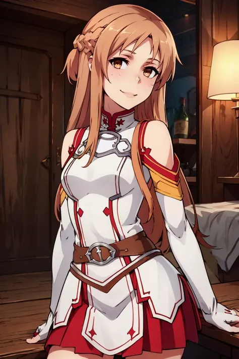 ((masterpiece,best quality)), yuuki asuna, brown hair, brown eyes, medium breasts, long hair, braid, kotbo, white gloves, white uniform, white boots, red skirt, red straps, looking at viewer, cowboy shot,, smile, <lora:Kizuki - Sword Art Online - Yuuki Asuna:0.9>
