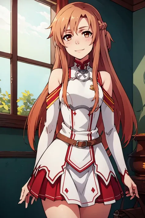 ((masterpiece,best quality)), yuuki asuna, brown hair, brown eyes, medium breasts, long hair, braid, kotbo, white gloves, white uniform, white boots, red skirt, red straps, looking at viewer, cowboy shot,, smile, <lora:Kizuki - Sword Art Online - Yuuki Asuna:0.9>