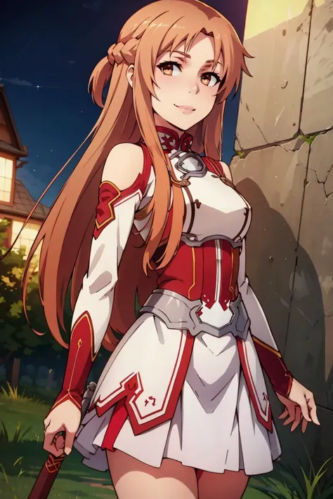 ((masterpiece,best quality)), yuuki asuna, brown hair, brown eyes, medium breasts, long hair, braid, kotbo, white gloves, white uniform, white boots, red skirt, red straps, looking at viewer, cowboy shot,, smile, <lora:Kizuki - Sword Art Online - Yuuki Asuna:0.9>