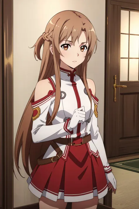 (masterpiece, best quality),  intricate details,
1girl,  <lora:Kizuki - Sword Art Online - Yuuki Asuna:0.8> yuuki asuna, kizukiai, brown hair, brown eyes, medium breasts, long hair, braid, kotbo, white gloves, white uniform, white boots, red skirt, red straps,