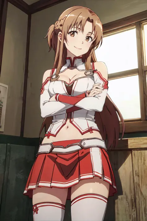 (masterpiece, highest quality), Intricate details, One girl, Yuuki Asuna, KizukiAi, Brown Hair, Brown eyes, Medium chest, Long Hair, Braiding, Red Skirt, Red strap,Ahegao,underwear