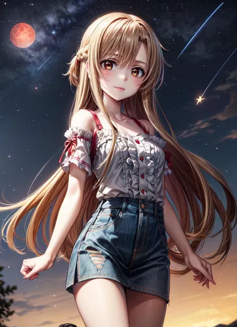 ((best quality)), ((highly detailed)), absurdres, detailed face, beautiful face, (detailed eyes, deep eyes), <lora:more_details:.7>, (1girl), cowboy shot, <lora:hairdetailer:.7>, <lora:Yuuki Asuna-Kizuki:.9> yuuki asuna, kizukiai, brown hair, long hair, braid, brown eyes, medium breasts, smiling, white blouse, green sleeves, short sleeves, jean skirt, miniskirt, shoes, (outdoors, in a town, midnight, night sky, stars, blood moon, shooting star, hurricane)