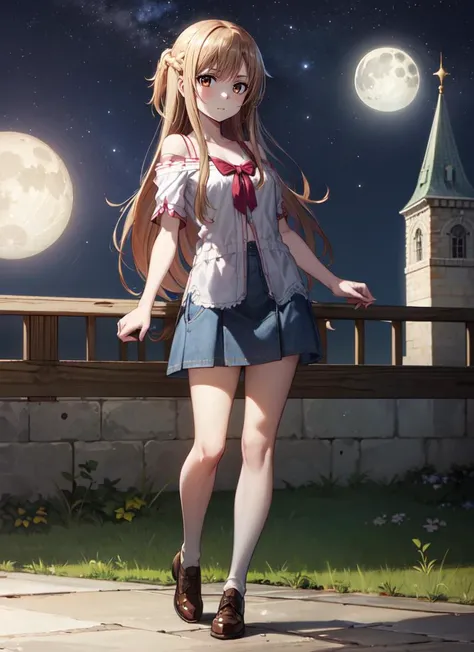 ((best quality)), ((highly detailed)), absurdres, extremely detailed face, beautiful face, (detailed eyes, deep eyes), (1girl),dynamic angle, full body, (((very wide shot))), <lora:hairdetailer:.7>, <lora:Yuuki Asuna-Kizuki:.9> yuuki asuna, kizukiai, brown hair, long hair, braid, brown eyes, medium breasts, white blouse, green sleeves, short sleeves, jean skirt, miniskirt, shoes, (outside, at a castle, evening, night sky, stars, broken moon, sunnyday)