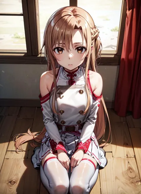 ((best quality)), ((highly detailed)), masterpiece, absurdres, (detailed eyes, deep eyes), <lora:more_details:.4>, (1girl),close-up, full body, ((wide shot)), <lora:Yuuki Asuna-Kizuki:.9> yuuki asuna, kizukiai, brown hair, long hair, braid, brown eyes, medium breasts, kotbo, white gloves, white uniform, rad skirt, red straps, white boots, (indoors, in a bedroom, sleepy)