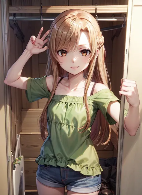 ((best quality)), ((highly detailed)), masterpiece, absurdres, (detailed eyes, deep eyes), (1girl), dynamic pose, cowboy shot, <lora:hairdetailer:.9>, <lora:Yuuki Asuna-Kizuki:.9> yuuki asuna, kizukiai, brown hair, long hair, braid, brown eyes, medium breasts, smiling, white blouse, green sleeves, short sleeves, jean shorts, short shorts, shoes, (inside, at a closet)