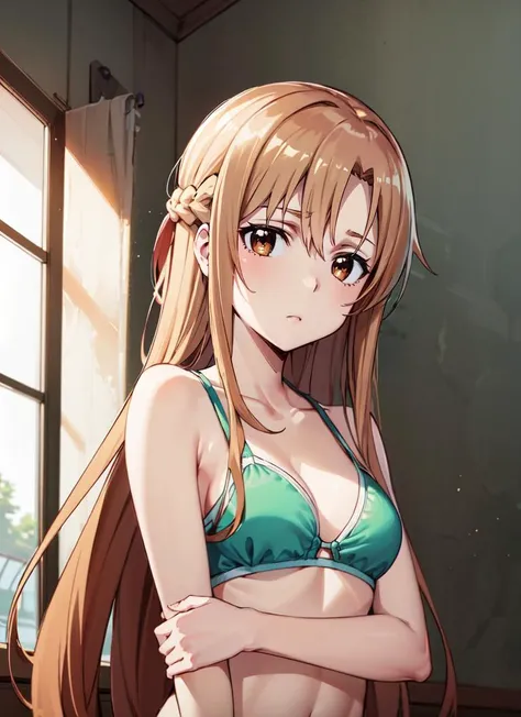 ((best quality)), ((highly detailed)), masterpiece, absurdres, (detailed eyes, deep eyes), (1girl),upper body, <lora:Yuuki Asuna-Kizuki:.9> yuuki asuna, kizukiai, brown hair, long hair, braid, brown eyes, medium breasts, green bikini, anklet, barefoot, (inside, in a gymnasium)