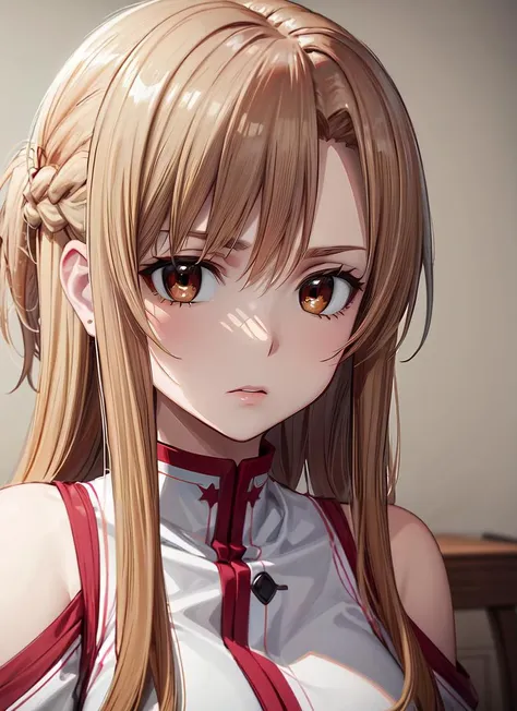 ((best quality)), ((highly detailed)), masterpiece, absurdres, detailed face, beautiful face, (detailed eyes, deep eyes), (1girl), close-up, upper body, <lora:hairdetailer:.5>, <lora:Yuuki Asuna-Kizuki:.9> yuuki asuna, kizukiai, brown hair, long hair, braid, brown eyes, medium breasts, kotbo, white gloves, white uniform, rad skirt, red straps, white boots, (inside, at a dining room)