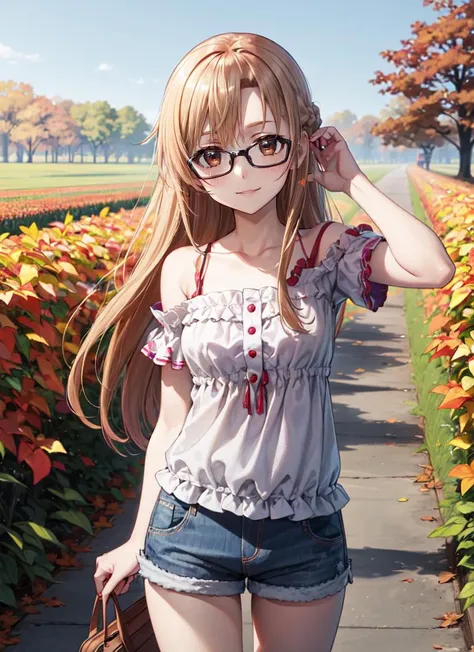 ((best quality)), ((highly detailed)), absurdres, (detailed eyes, deep eyes), (1girl), (glasses), cowboy shot, <lora:hairdetailer:.6>, <lora:Yuuki Asuna-Kizuki:.9> yuuki asuna, kizukiai, brown hair, long hair, braid, brown eyes, medium breasts, smiling, white blouse, green sleeves, short sleeves, jean shorts, short shorts, shoes, (outside, at a pumpkin patch, autumn_leaves, noon)