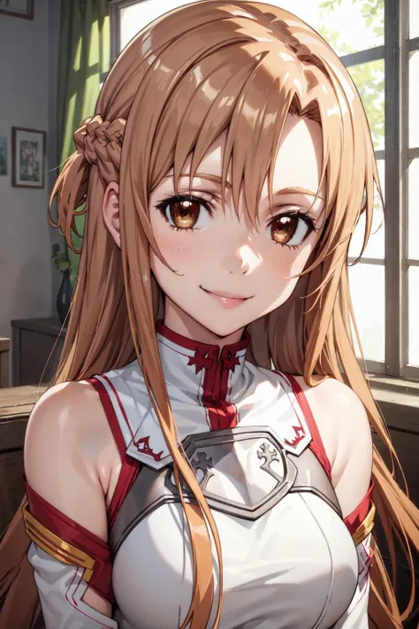 best quality, masterpiece, portrait, 1girl, yuuki asuna, brown hair, brown eyes, medium breasts, long hair, braid, kotbo, white gloves, white uniform, white boots, red skirt, red straps, looking at viewer, indoors, smile,
<lora:Kizuki - Sword Art Online - Yuuki Asuna:0.9>