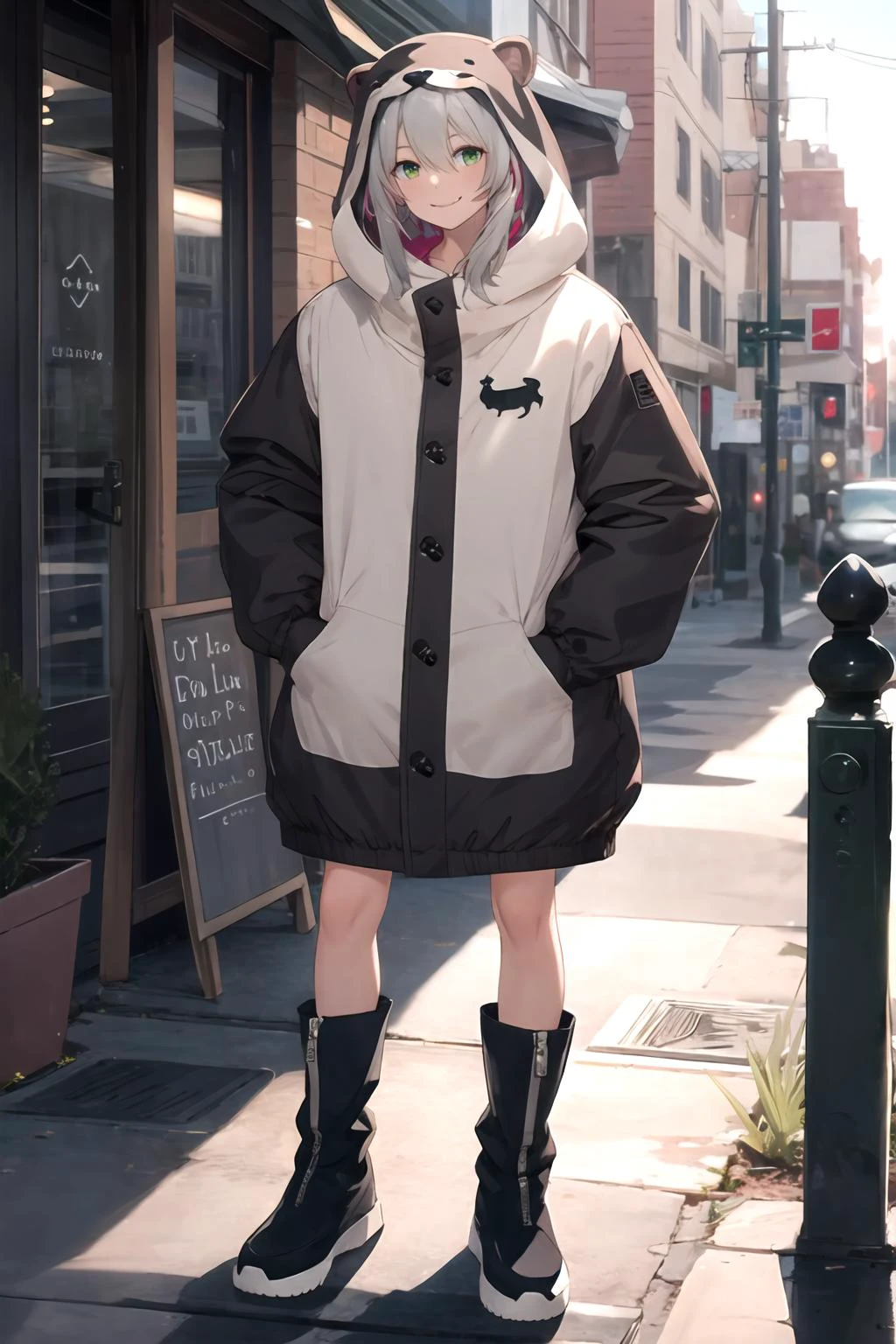masterpiece, (best quality), vibrant colors ,natural lighting ,RTX, perfect proportions, beautiful, detailed face, (perfect eyes:1.1) ,(photorealistic:1.1), 8k uhd, outdoors, simple background, miyu ottavia, 1girl, solo, smile, hair between eyes, green eyes, tail, pink hair, gray hair, grey hair, boots, hood, black footwear, streaked hair, animal hood, animal costume, hood down, Standing with hands on hips, making a silly face, <lora:MiyuOttavia:0.85>