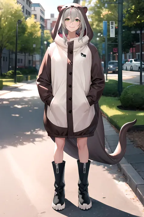 masterpiece, (best quality), vibrant colors ,natural lighting ,RTX, perfect proportions, beautiful, detailed face, (perfect eyes:1.1) ,(photorealistic:1.1), 8k uhd, outdoors, simple background, miyu ottavia, 1girl, solo, smile, hair between eyes, green eyes, tail, pink hair, gray hair,  grey hair, boots, hood, black footwear, streaked hair, animal hood, animal costume, hood down,  Standing with arms behind the head, <lora:MiyuOttavia:0.85>
