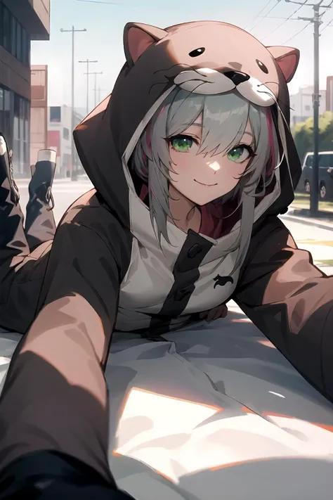 masterpiece, (best quality), vibrant colors ,natural lighting ,RTX, perfect proportions, beautiful, detailed face, (perfect eyes:1.1) ,(photorealistic:1.1), 8k uhd, outdoors, simple background, miyu ottavia, 1girl, solo, smile, hair between eyes, green eyes, tail, pink hair, gray hair, grey hair, boots, hood, black footwear, streaked hair, animal hood, animal costume, hood down, Lying on the stomach, arms outstretched, <lora:MiyuOttavia:0.85>