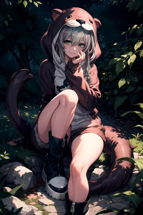 masterpiece, (best quality), vibrant colors ,natural lighting ,RTX, perfect proportions, beautiful, detailed face, (perfect eyes:1.1) ,(photorealistic:1.1), 8k uhd, outdoors, simple background, miyu ottavia, 1girl, solo, smile, hair between eyes, green eyes, tail, pink hair, gray hair,  grey hair, boots, hood, black footwear, streaked hair, animal hood, animal costume, hood down,  Lying with one arm over the eyes, <lora:MiyuOttavia:0.85>