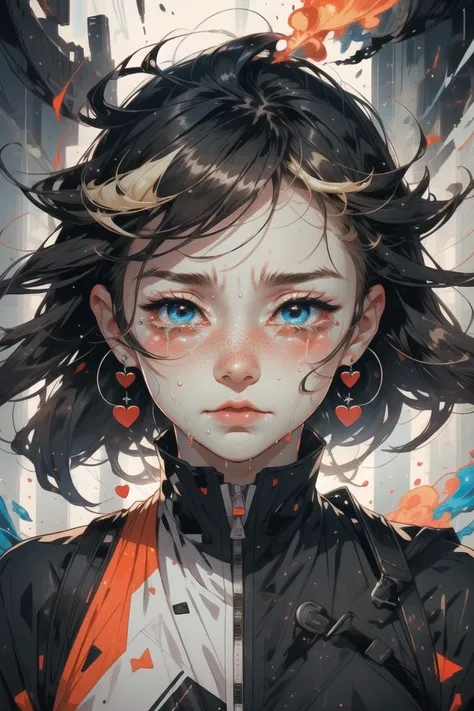 blond hair, long hair, freckles, earrings,
(upper body:1.1), particles, sparkles, flames, (tears:1.2), (crying:1.4), (wet face:1.1),
(torn clothes:1.2), abstract,
bangs, hearts,
<lora:more_details:0.3>
<lora:AnimeVibesV3:0.3> animevibes,
<lora:Unleashed_V1.5:1.35>, shiny, shiny hair, shiny skin, shiny clothes