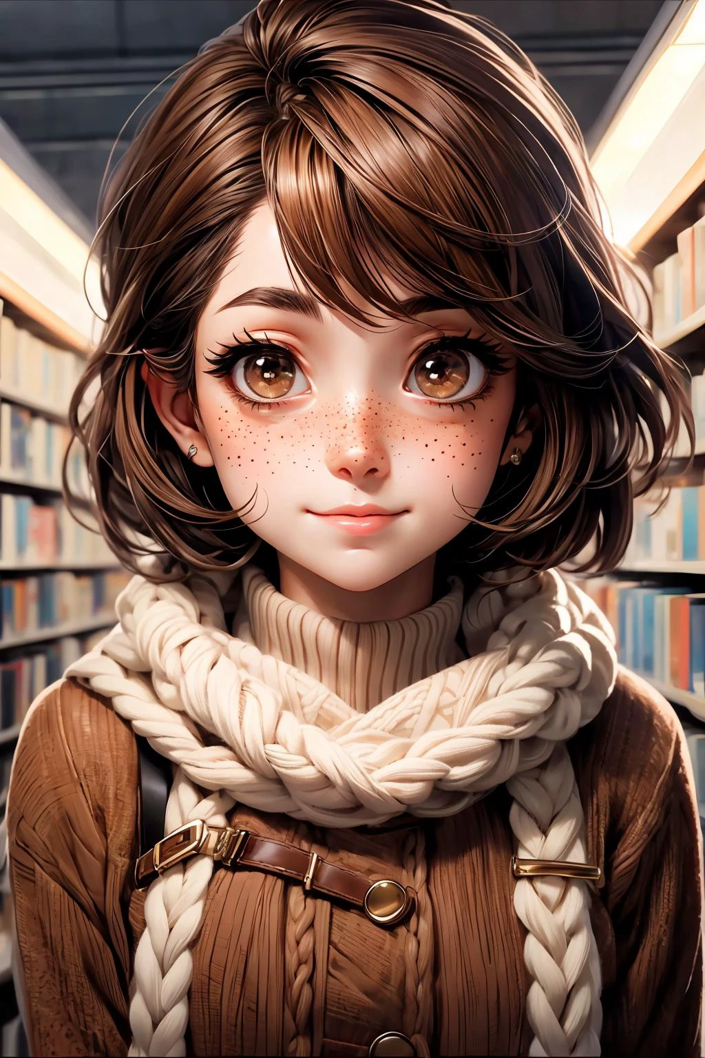 closeup, face, portrait, upper body,
freckles,
shy, blush,
(short brown hair:1.1),
(library:1.1),
(brown eyes:1.4),
cozy, detailed eyes, winter sweater,
<lora:more_details:0.35>
<lora:Cosmic anime-oil fusion v2:0.35>
<lora:AnimeVibesV3:0.5> animevibes,
<lora:3DMM_V11:0.6> 3DMM
<lora:midjourney_20230624181825:0.4> midjourney, shiny, shiny hair, shiny skin, shiny clothes