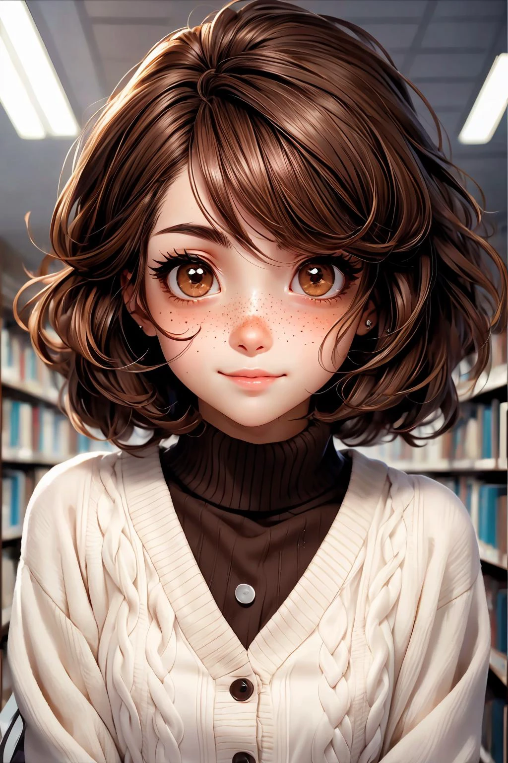 closeup, face, portrait, upper body,
freckles,
shy, blush,
(short brown hair:1.1),
(library:1.1),
(brown eyes:1.4),
cozy, detailed eyes, winter sweater,
<lora:more_details:0.35>
<lora:Cosmic anime-oil fusion v2:0.35>
<lora:AnimeVibesV3:0.5> animevibes,
<lora:3DMM_V11:0.6> 3DMM
<lora:midjourney_20230624181825:0.4> midjourney, shiny, shiny hair, shiny skin, shiny clothes
