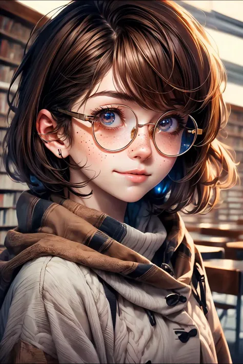 closeup, face, portrait, upper body, 
freckles, 
shy, blush, 
(short brown hair:1.1), 
(library:1.1), 
(round glasses:1.2), 
(brown eyes:1.4), 
cozy, detailed eyes, winter sweater, 
<lora:more_details:0.4>
 <lora:Cosmic anime-oil fusion v2:0.45> 
<lora:AnimeVibesV3:0.55> animevibes, 
<lora:3DMM_V11:0.4> 3DMM 
<lora:midjourney_20230624181825:0.65> midjourney, shiny, shiny hair, shiny skin, shiny clothes