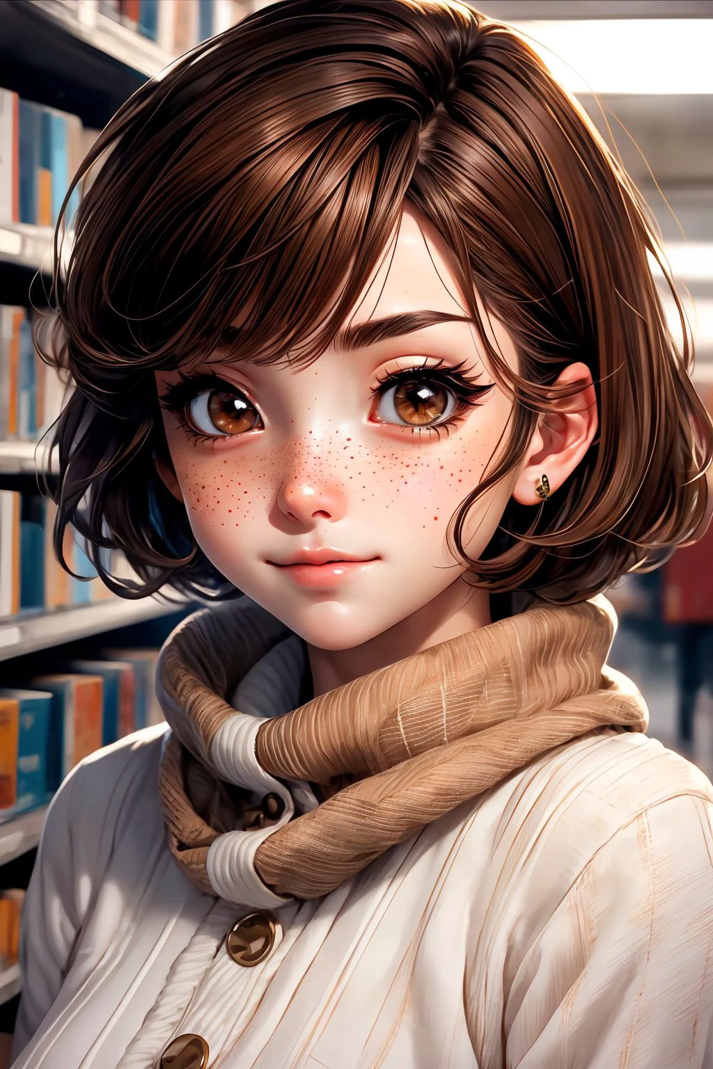 closeup, face, portrait, upper body,
freckles,
shy, blush,
(short brown hair:1.1),
(library:1.1),
(brown eyes:1.4),
cozy, detailed eyes, winter sweater,
<lora:more_details:0.35>
<lora:Cosmic anime-oil fusion v2:0.35>
<lora:AnimeVibesV3:0.5> animevibes,
<lora:3DMM_V11:0.6> 3DMM
<lora:midjourney_20230624181825:0.4> midjourney, shiny, shiny hair, shiny skin, shiny clothes