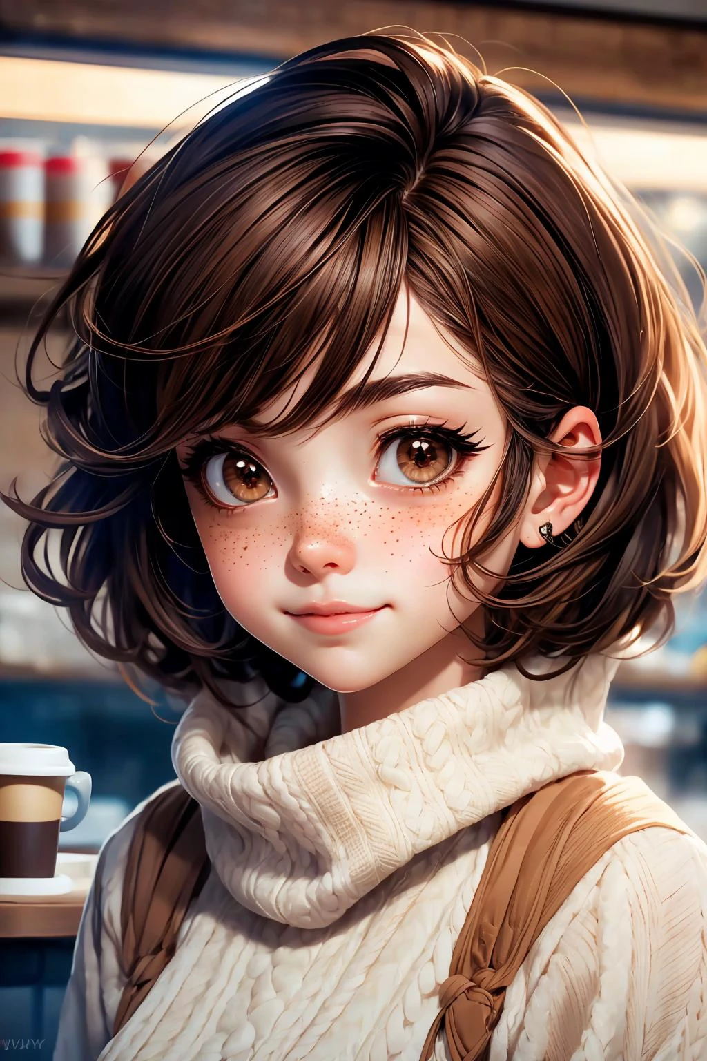 closeup, face, portrait, upper body,
freckles,
shy, blush,
(short brown hair:1.1),
(coffee shop:1.1),
(brown eyes:1.4),
cozy, detailed eyes, winter sweater,
<lora:more_details:0.35>
<lora:Cosmic anime-oil fusion v2:0.35>
<lora:AnimeVibesV3:0.5> animevibes,
<lora:3DMM_V11:0.6> 3DMM
<lora:midjourney_20230624181825:0.4> midjourney, shiny, shiny hair, shiny skin, shiny clothes