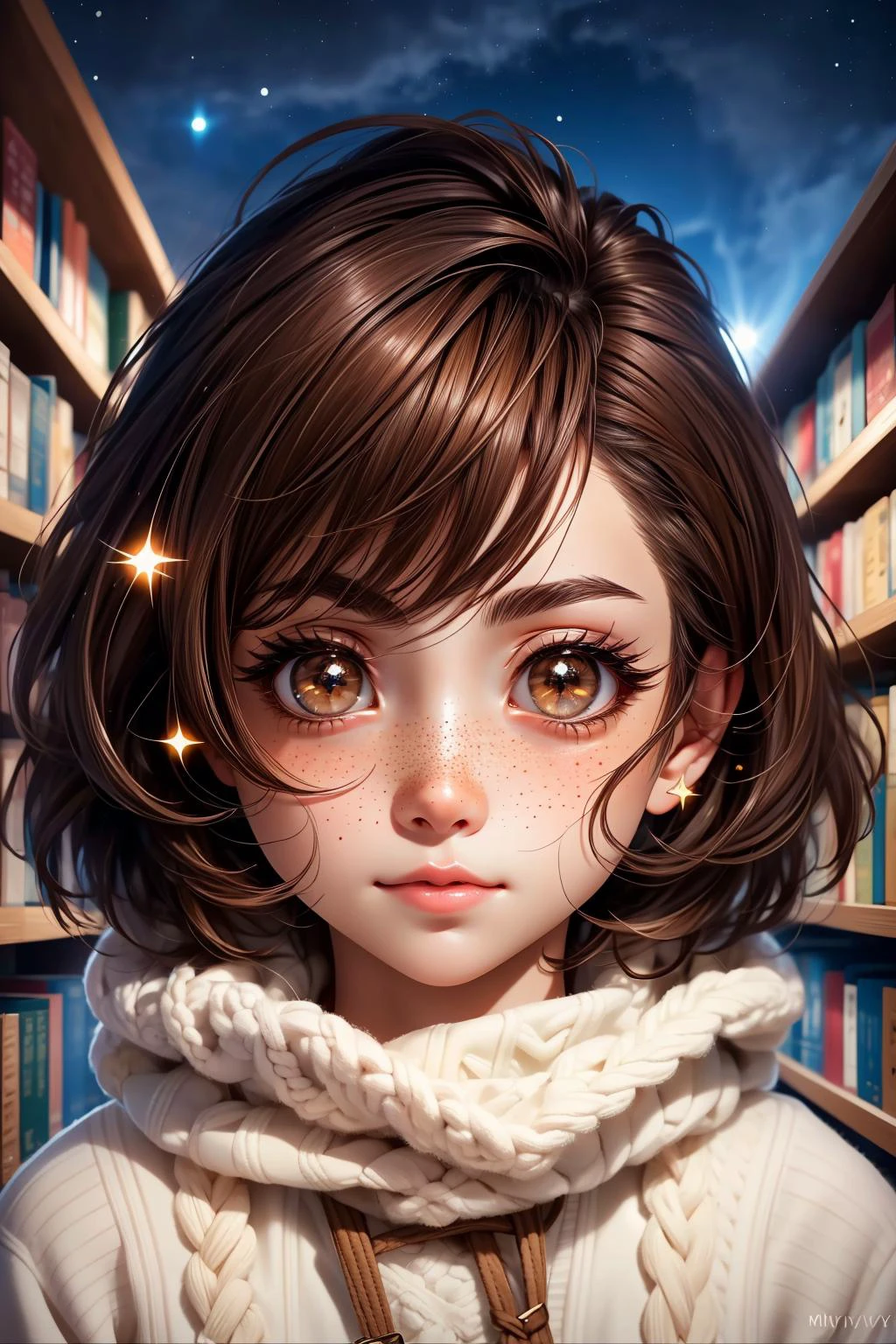 closeup, face, portrait, upper body,
freckles,
shy, blush,
(short brown hair:1.1),
(library:1.1),
(brown eyes:1.4),
cozy, detailed eyes, winter sweater,
<lora:more_details:0.35>
<lora:Cosmic anime-oil fusion v2:0.35>
<lora:AnimeVibesV3:0.5> animevibes,
<lora:3DMM_V11:0.6> 3DMM
<lora:midjourney_20230624181825:0.4> midjourney
<lora:LAS:0.35> cloud,colorful, starry,stars, shiny, shiny hair, shiny skin, shiny clothes