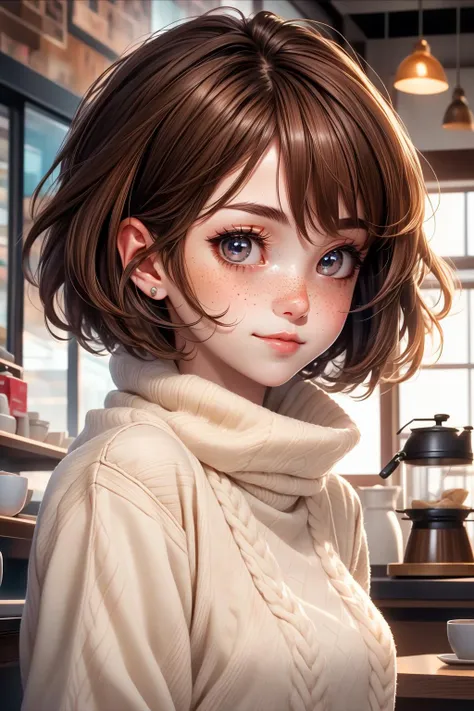 closeup, face, portrait, upper body, 
freckles, 
shy, blush, 
(short brown hair:1.1), 
(coffee shop:1.1), 
(brown eyes:1.2), 
cozy, detailed eyes, winter sweater, 
<lora:more_details:0.35>
 <lora:Cosmic anime-oil fusion v2:0.5> 
<lora:AnimeVibesV3:0.5> animevibes, 
<lora:3DMM_V11:0.5> 3DMM 
<lora:midjourney_20230624181825:0.4> midjourney, shiny, shiny hair, shiny skin, shiny clothes