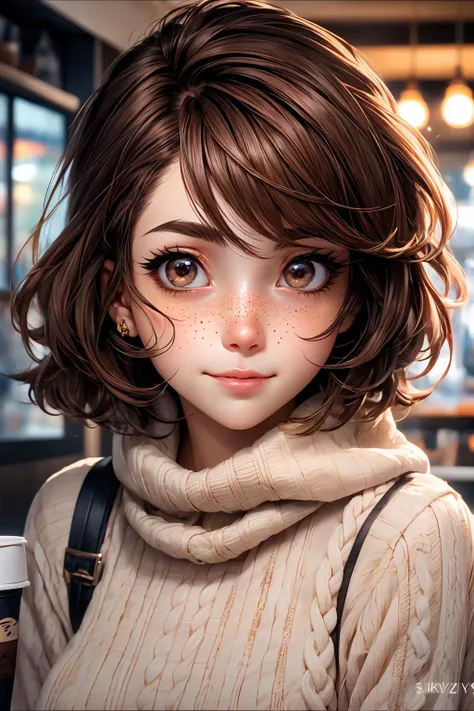 closeup, face, portrait, upper body, 
freckles, 
shy, blush, 
(short brown hair:1.1), 
(coffee shop:1.1), 
(brown eyes:1.4), 
cozy, detailed eyes, winter sweater, 
<lora:more_details:0.35>
 <lora:Cosmic anime-oil fusion v2:0.35> 
<lora:AnimeVibesV3:0.5> animevibes, 
<lora:3DMM_V11:0.6> 3DMM 
<lora:midjourney_20230624181825:0.4> midjourney, shiny, shiny hair, shiny skin, shiny clothes