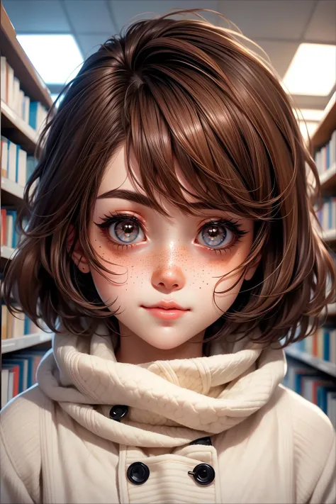 closeup, face, portrait, upper body, 
freckles, 
shy, blush, 
(short brown hair:1.1), 
(library:1.1), 
(brown eyes:1.2), 
cozy, detailed eyes, winter sweater, 
<lora:more_details:0.35>
 <lora:Cosmic anime-oil fusion v2:0.5> 
<lora:AnimeVibesV3:0.5> animevibes, 
<lora:3DMM_V11:0.5> 3DMM 
<lora:midjourney_20230624181825:0.4> midjourney, shiny, shiny hair, shiny skin, shiny clothes