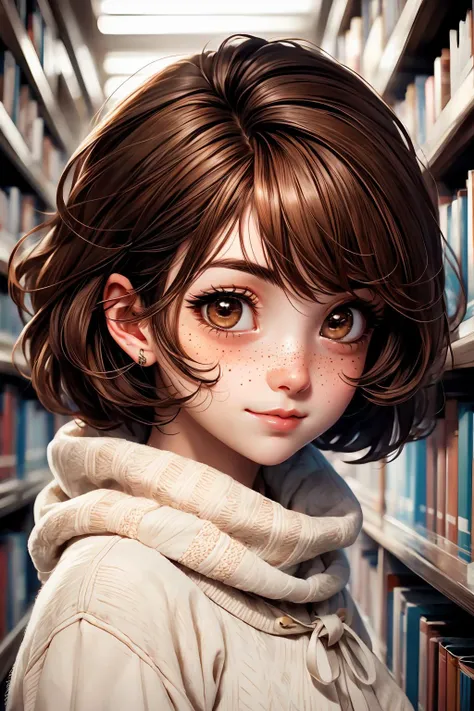 closeup, face, portrait, upper body, 
freckles, 
shy, blush, 
(short brown hair:1.1), 
(library:1.1), 
(brown eyes:1.4), 
cozy, detailed eyes, winter sweater, 
<lora:more_details:0.35>
 <lora:Cosmic anime-oil fusion v2:0.35> 
<lora:AnimeVibesV3:0.5> animevibes, 
<lora:3DMM_V11:0.6> 3DMM 
<lora:midjourney_20230624181825:0.4> midjourney, shiny, shiny hair, shiny skin, shiny clothes