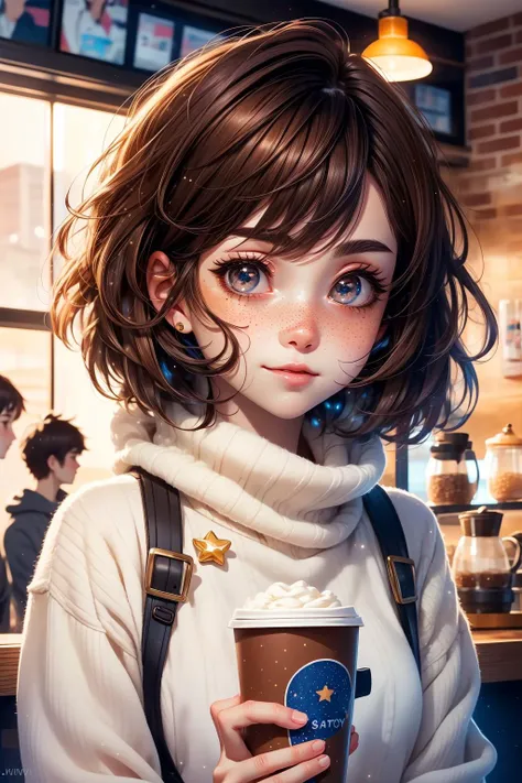 closeup, face, portrait, upper body, 
freckles, 
shy, blush, 
(short brown hair:1.1), 
(coffee shop:1.1), 
(brown eyes:1.2), 
cozy, detailed eyes, winter sweater, 
<lora:more_details:0.35>
 <lora:Cosmic anime-oil fusion v2:0.65> 
<lora:AnimeVibesV3:0.5> animevibes, 
<lora:3DMM_V11:0.5> 3DMM 
<lora:midjourney_20230624181825:0.4> midjourney 
<lora:LAS:0.35> cloud,colorful, starry,stars, shiny, shiny hair, shiny skin, shiny clothes