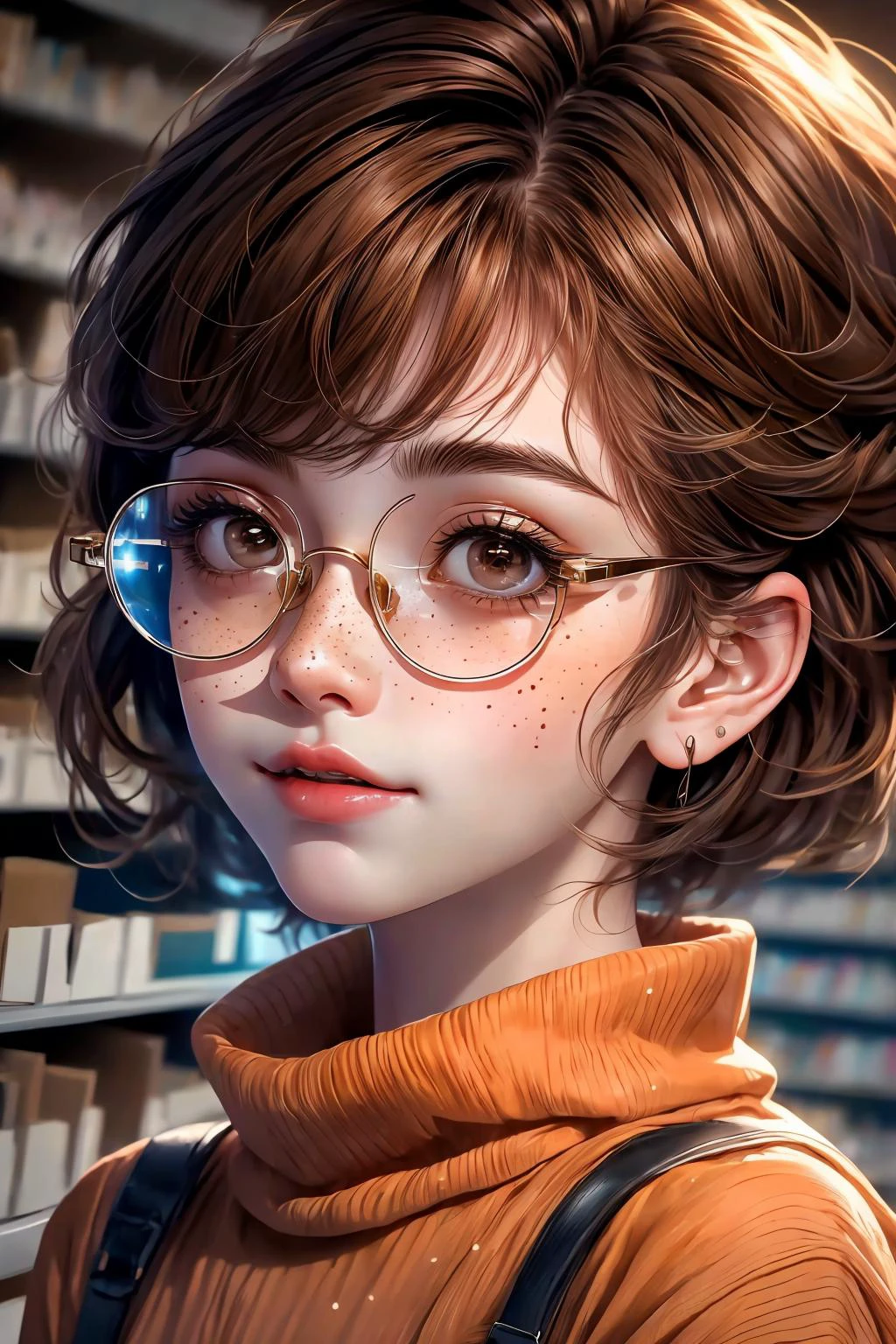 closeup, face, portrait, upper body,
freckles,
shy, blush,
(short brown hair:1.1),
(library:1.1),
(round glasses:1.2),
(brown eyes:1.4),
cozy, detailed eyes, winter sweater,
<lora:more_details:0.4>
<lora:Cosmic anime-oil fusion v2:0.45>
<lora:AnimeVibesV3:0.55> animevibes,
<lora:3DMM_V11:0.4> 3DMM
<lora:midjourney_20230624181825:0.65> midjourney
<lora:fashionGirl_v50:0.4> fashi-girl, red lips, makeup, realistic, shiny, shiny hair, shiny skin, shiny clothes