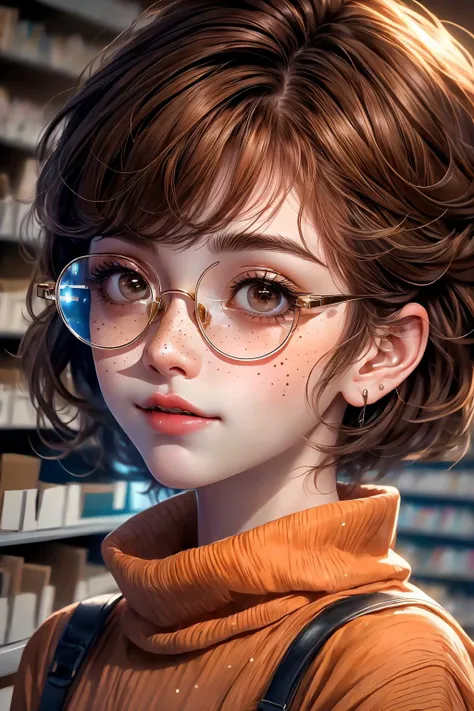 closeup, face, portrait, upper body, 
freckles, 
shy, blush, 
(short brown hair:1.1), 
(library:1.1), 
(round glasses:1.2), 
(brown eyes:1.4), 
cozy, detailed eyes, winter sweater, 
<lora:more_details:0.4>
 <lora:Cosmic anime-oil fusion v2:0.45> 
<lora:AnimeVibesV3:0.55> animevibes, 
<lora:3DMM_V11:0.4> 3DMM 
<lora:midjourney_20230624181825:0.65> midjourney  
<lora:fashionGirl_v50:0.4> fashi-girl, red lips, makeup, realistic, shiny, shiny hair, shiny skin, shiny clothes