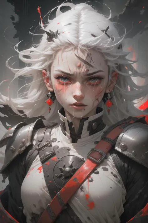 white hair, long hair, freckles, earrings,
(upper body:1.1), (particles:1.2), (sparkles:1.1), flames, (tears:1.3), (crying:1.2), (wet face:1.1),
(torn clothes:1.2), abstract, (red lighting:1.2), knight armor, armor, (bloody face:1.2), (blood:1.1), (scars:1.5),
<lora:more_details:0.3>
<lora:AnimeVibesV3:0.3> animevibes,
<lora:Unleashed_V1.5:1.35>, shiny, shiny hair, shiny skin, shiny clothes
