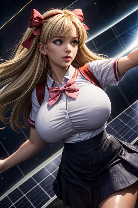(ultra realistic,32k,RAW photo:1.1),(high detailed skin:1.1), 8k uhd, dslr, high quality, film grain, (makeup, mascara:1.1), lips,(thick\lips\), 
(shiny glossy translucent clothing:1.1), <lora:akehimesa:0.6>akehimesa, blonde hair, hair ribbon, school uniform, bowtie, plaid skirt, <lora:add_detail:0.98>, huge breast, 
Jumping, mimicking catching a butterfly,
 (busty:1.1) ,  (chubby:0.1),(dense light rays:1.1),<lora:LowRA:0.4>, dark theme, orbital solar power station, clean energy generation, space-based infrastructure, sustainable future