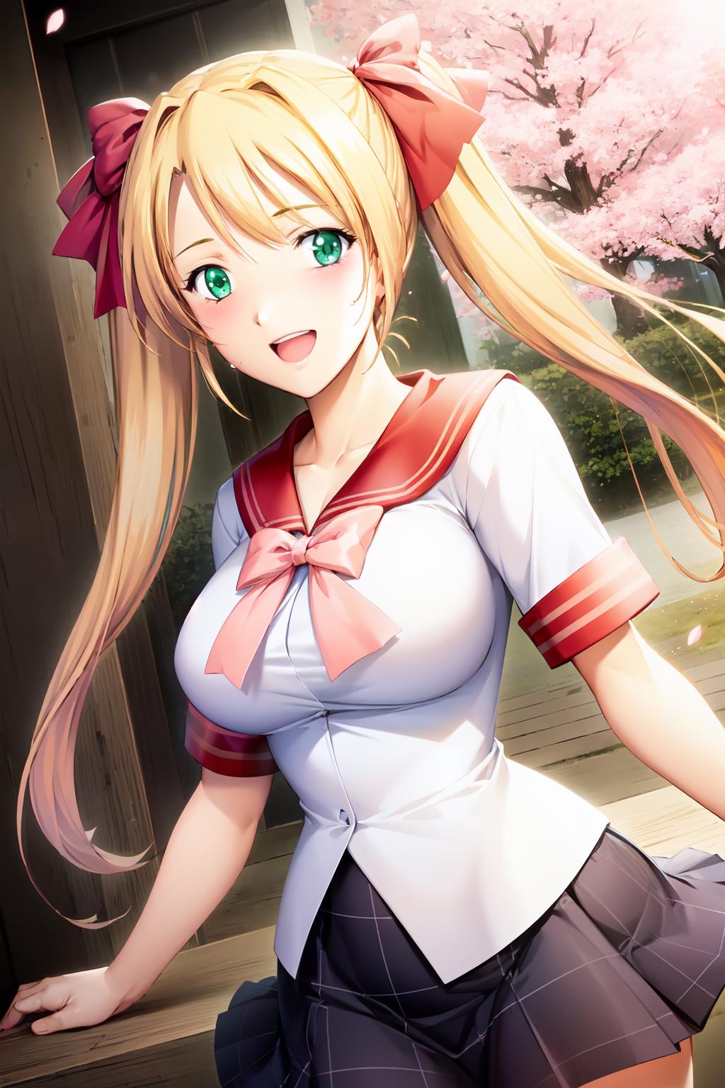 Anime girl with long blonde hair and a pink bow - SeaArt AI