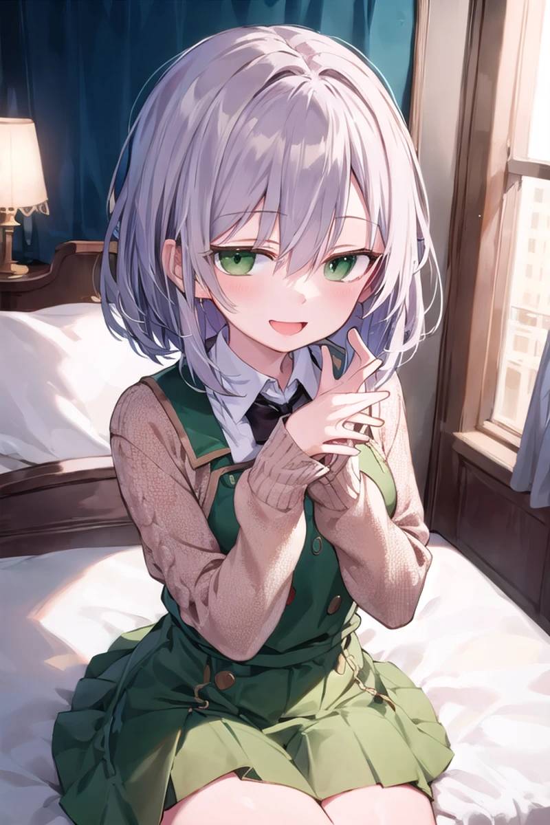 <lora:worriedeyes_v100:1>
insanely detailed, absurdres, ultra-highres, ultra-detailed, best quality,
1girl, solo, , nice hands, perfect hands,
BREAK,
wearing sweater, (cleavage:-1.5),
smile, open mouth, (looking at viewer:1.3),
(sitting on bed), seductive pose, cowboy shot, from above,
BREAK,
slender, kawaii, perfect symmetrical face, ultra cute girl, ultra cute face, ultra detailed eyes, ultra detailed hair, ultra cute, ultra beautiful,
by Canon EOS, SIGMA Art Lens 35mm F1.4, ISO 200 Shutter Speed 2000,
elegant hotel room, closed curtains, antique interior, ultra detailed background,
cinematic light, indirect lighting, evening light, depth of field,
medium breasts, cleavage,
BREAK,
(silver medium hair, dark green eyes), hair between eyes
