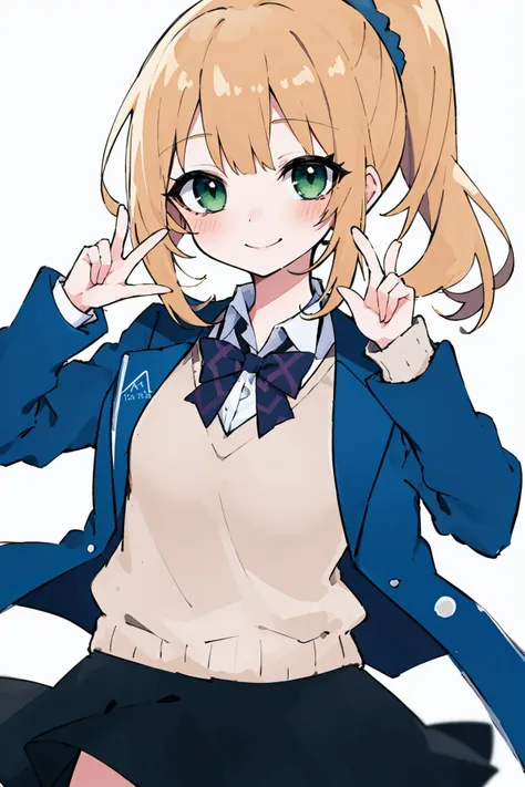 (best quality, masterpiece), (eye focus, face, close-up:0.5), blush, (expressionless:0.7),1girl,  blonde_hair, blue_jacket, dated, green_eyes, jacket, long_hair, low_ponytail, scrunchie, skirt, smile, solo, teacher <lora:add_detail:-1>