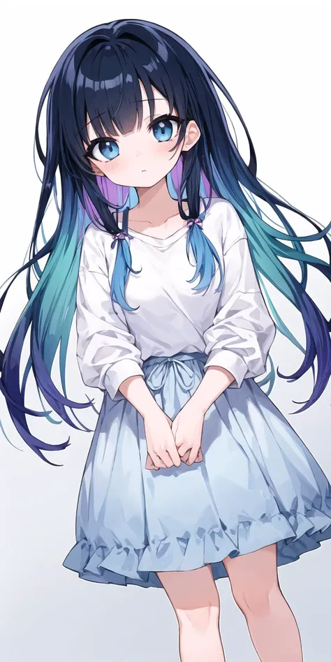 (best quality, masterpiece), (eye focus, face, close-up:0.5), blush, (expressionless:0.7), 1girl, solo focus, bangs, white background, dutch angle, side, head tilt,
, (casual, contemporary, light blue,white theme:1.3), (multicolored,gradient:1.3), barefoot
, , from