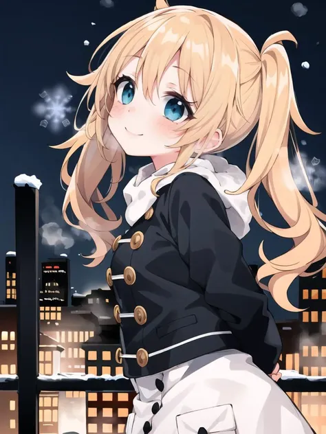 1girl, ultimate cute, twintails, blonde,
winter, snow, city scape,
steam, smile, blush,
arms behind back, looking up,
from side,