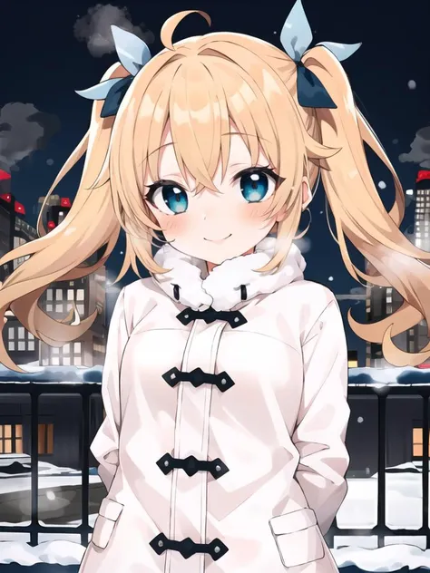 1girl, ultimate cute, twintails, blonde,
winter, snow, city scape, 
steam, smile, blush,
arms behind back, looking up,