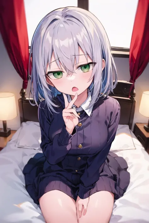 <lora:worriedeyes_v100:1>
insanely detailed, absurdres, ultra-highres, ultra-detailed, best quality,
1girl, solo, , nice hands, perfect hands,
BREAK,
wearing sweater, (cleavage:-1.5),
upset, gasping, ecstasy, orgasm, open mouth, (looking at viewer:1.3),
(sitting on bed), seductive pose, cowboy shot, from above,
BREAK,
slender, kawaii, perfect symmetrical face, ultra cute girl, ultra cute face, ultra detailed eyes, ultra detailed hair, ultra cute, ultra beautiful,
by Canon EOS, SIGMA Art Lens 35mm F1.4, ISO 200 Shutter Speed 2000,
elegant hotel room, closed curtains, antique interior, ultra detailed background,
cinematic light, indirect lighting, evening light, depth of field,
medium breasts, cleavage,
BREAK,
(silver medium hair, dark green eyes), hair between eyes