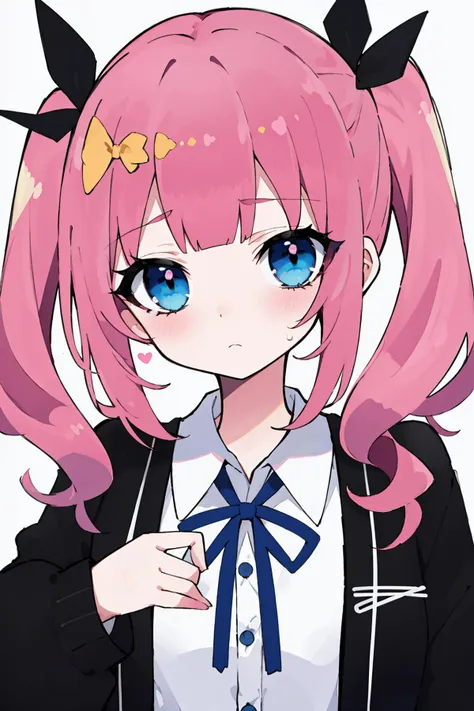 (best quality, masterpiece), (eye focus, face, close-up:0.5), blush, (expressionless:0.7),1girl, bangs, black_cardigan, black_ribbon, blue_eyes, blunt_bangs, cardigan, letter, medium_hair, pink_hair, ribbon, shirt, twintails, white_shirt <lora:add_detail:-1>