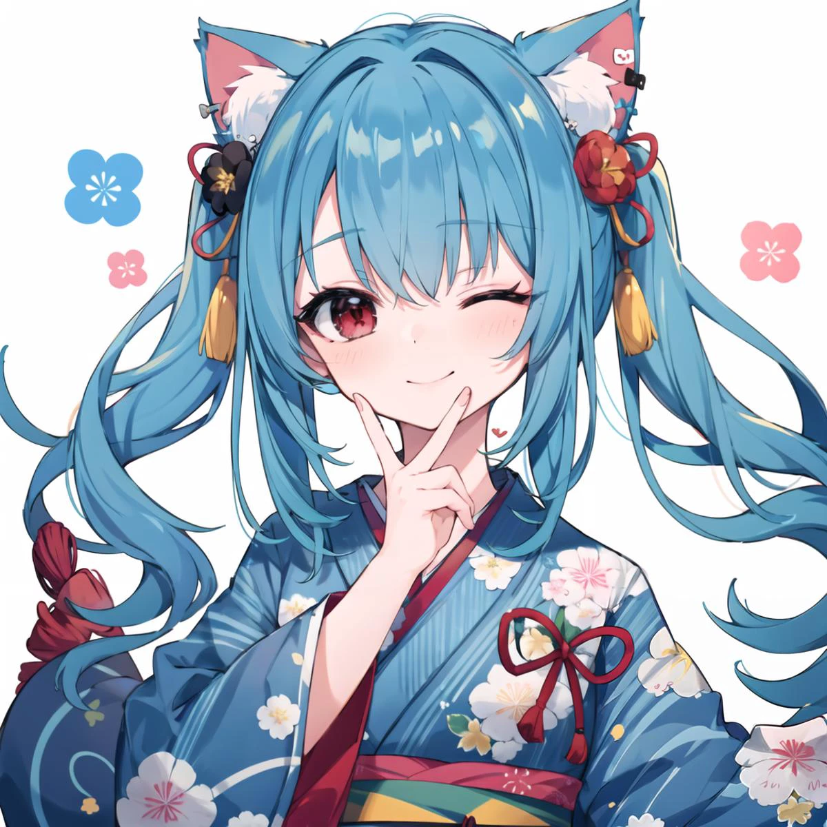(best quality), ((masterpiece)), (highres), original, extremely detailed 8K wallpaper, (an extremely delicate and beautiful),Ray tracing,lens135mm f1.8,Golden Ratio,cowboy shot,
beautiful detailed face,beautiful detailed eyes,
1girl, solo, red eyes, animal ears, long hair,(blue|cyan hair), hair ornament, looking at viewer, hair bow, bow, japanese clothes, red kimono, twintails, kimono, smile, hair flower, wide sleeves, long sleeves, hair between eyes, animal ear fluff, bangs, red bow, closed mouth, flower, low twintails, cat ears, new year, tassel, sash, upper body,one eye closed, happy new year, blush, very long hair, red flower, floral print, obi,wink,hand to own mouth,