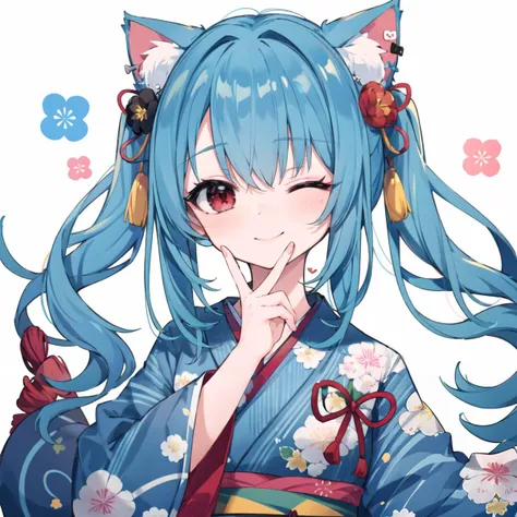 (best quality), ((masterpiece)), (highres), original, extremely detailed 8K wallpaper, (an extremely delicate and beautiful),Ray tracing,lens135mm f1.8,Golden Ratio,cowboy shot,
beautiful detailed face,beautiful detailed eyes,
1girl, solo, red eyes, animal ears, long hair,(blue|cyan hair), hair ornament, looking at viewer, hair bow, bow, japanese clothes, red kimono, twintails, kimono, smile, hair flower, wide sleeves, long sleeves, hair between eyes, animal ear fluff, bangs, red bow, closed mouth, flower, low twintails, cat ears, new year, tassel, sash, upper body,one eye closed, happy new year, blush, very long hair, red flower, floral print, obi,wink,hand to own mouth,