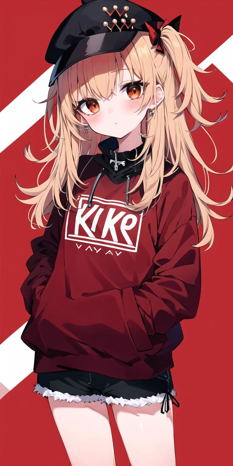 (best quality, masterpiece), (eye focus, face, close-up:0.6), blush, (expressionless:0.7), 1girl, solo focus, bangs, dutch angle, side, head tilt, jewelry,cap,bow, casual, punk, slender, shorts, contemporary , (casual, contemporary, red theme:1.3), (:1.5), (background:-1) , , from