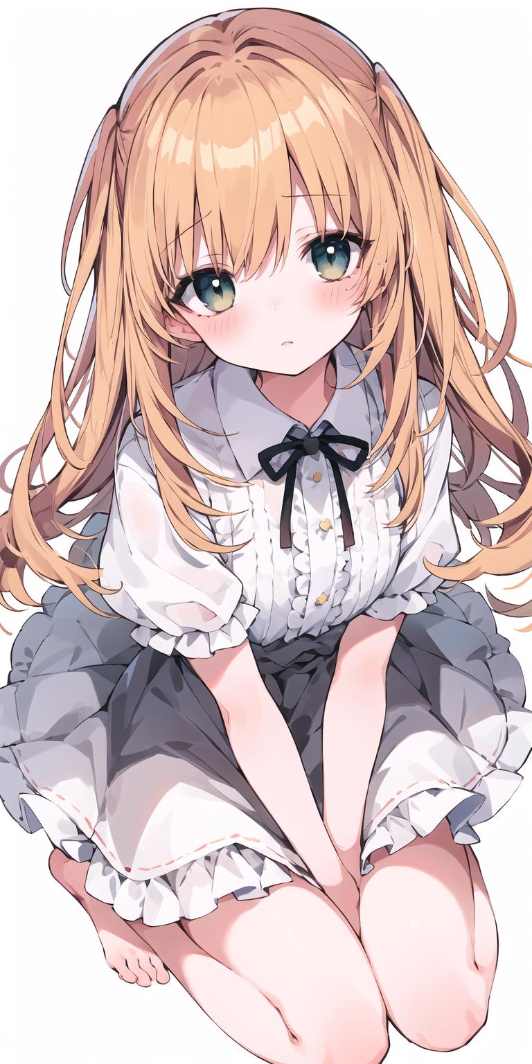 A close up of a girl sitting on the ground with a bow - SeaArt AI