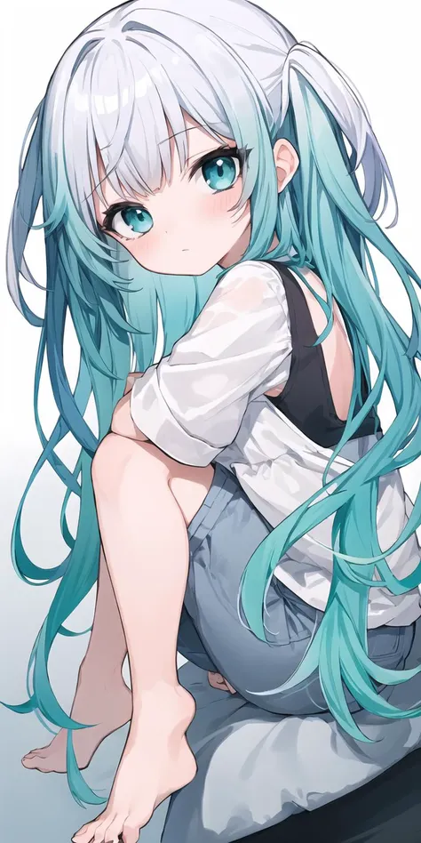 (best quality, masterpiece), (eye focus, face, close-up:0.5), blush, (expressionless:0.7), 1girl, solo focus, bangs, white background, dutch angle, side, head tilt, bow
, (casual, contemporary, aqua theme:1.3), (multicolored,gradient:1.3), barefoot
, perspective, from side