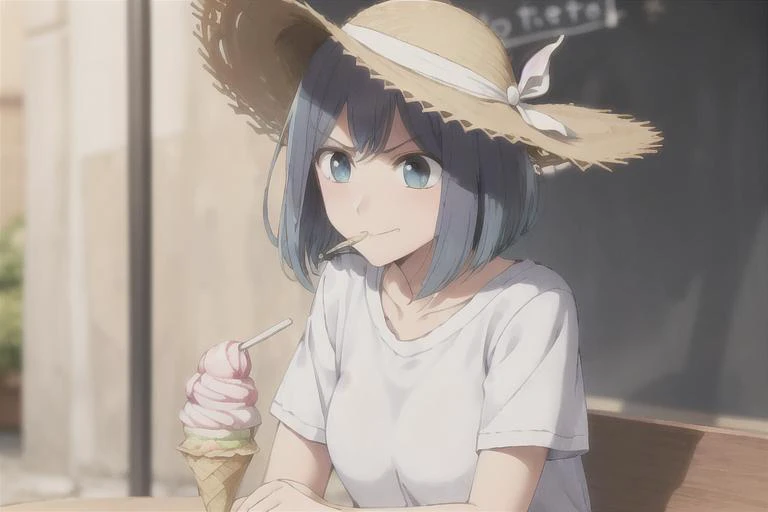 ((gelato on table:1.3)), focus gelato,<lora:AkaneLoraV02-01:0.5>, 1girl, short hair, solo, blue hair, blue eyes, closed mouth, blurry background, upper body, black hair, school uniform, smile, T-shirt, Straw hat, ((angry))