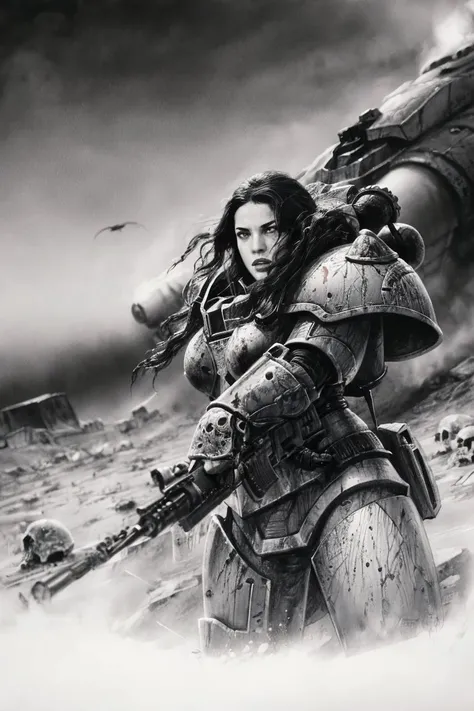 ((((machine gun, gun, golding machine gun)))) BREAK dramatic scene, ink wash, washed out painting, darkwave, desolate, award winning cinema poster art, power_armor, <lora:Luis Royo and Woman v.2:0.8>, Adepta Sororitas, ruined battlefield, on a hill full of skulls, bold lines, expressive drawing, 8K, (dynamic perspective), sharp focus, (depth of field, bokeh:1.3), extremely detailed, cinematic lighting, ((masterpiece, best quality)), <lora:adepta_sororitas_v1:0.5>