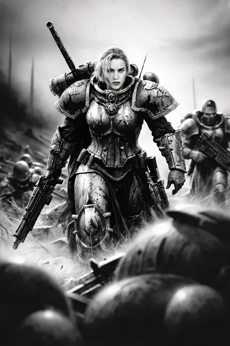 dramatic scene, ink wash, washed out painting, darkwave, desolate, award winning cinema poster art, power_armor, <lora:Luis Royo and Woman v.2:0.8>, Adepta Sororitas, ruined battlefield, on a hill full of skulls, bold lines, expressive drawing, 8K, (dynamic perspective), sharp focus, (depth of field, bokeh:1.3), extremely detailed, cinematic lighting, ((masterpiece, best quality)), <lora:adepta_sororitas_v1:0.5>